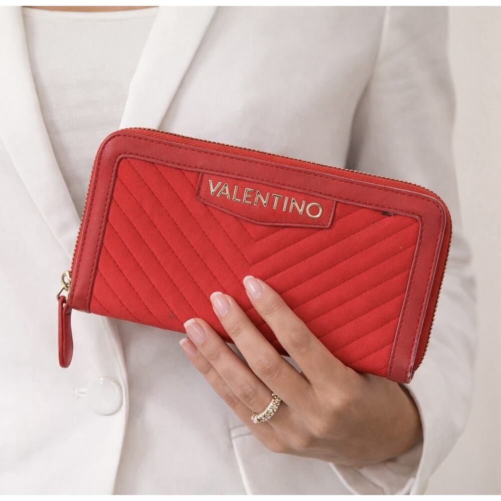 Valentino Red Zip Clutch Wallet Quilted Leather Large Wallet Women Designer Logo